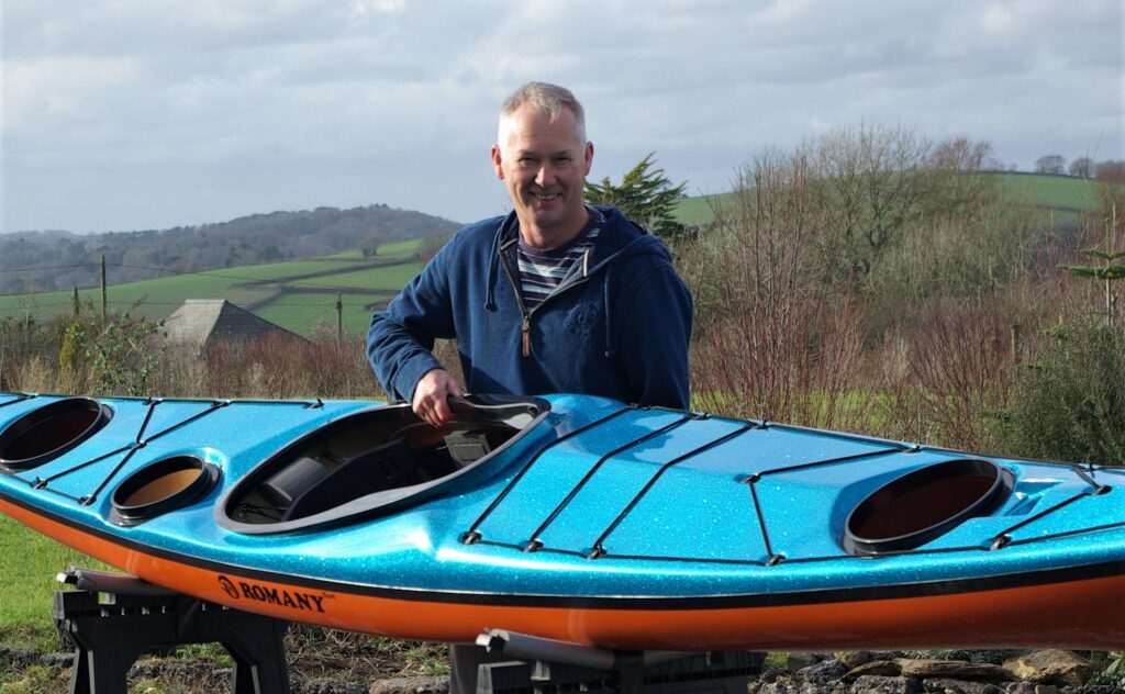 Nigel Dennis Kayaks Romany Surf in Kingfisher colours chosen by the happy owner and supplied by British Sea Kayaks